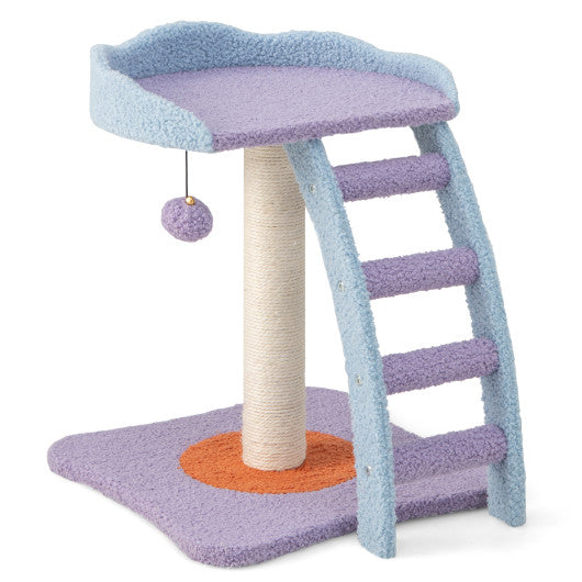 19 Inch Mohair Plush Cat Tree with Ladder and Jingling Ball-Purple