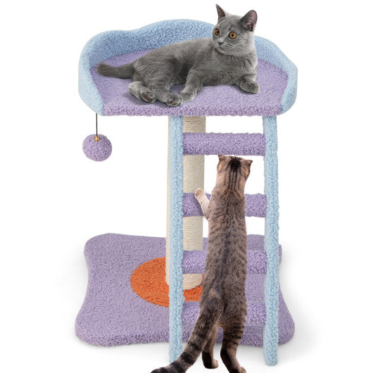 19 Inch Mohair Plush Cat Tree with Ladder and Jingling Ball-Purple