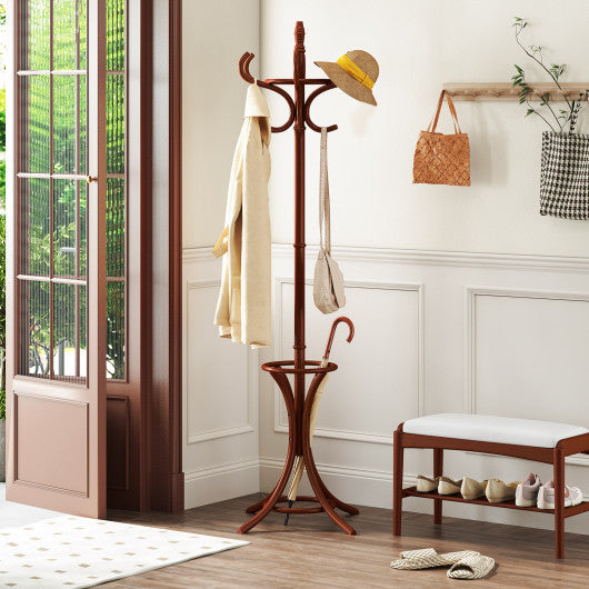 Wood Standing Hat Coat Rack with Umbrella Stand-Brown