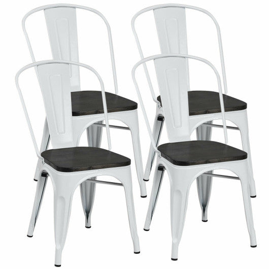 4 Pieces Tolix Style Metal Dining Side Chair Stackable Wood Seat-White