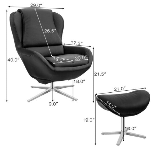 360°  Swivel Leather Lounge Chair with Ottoman and Aluminum Alloy Base-Black