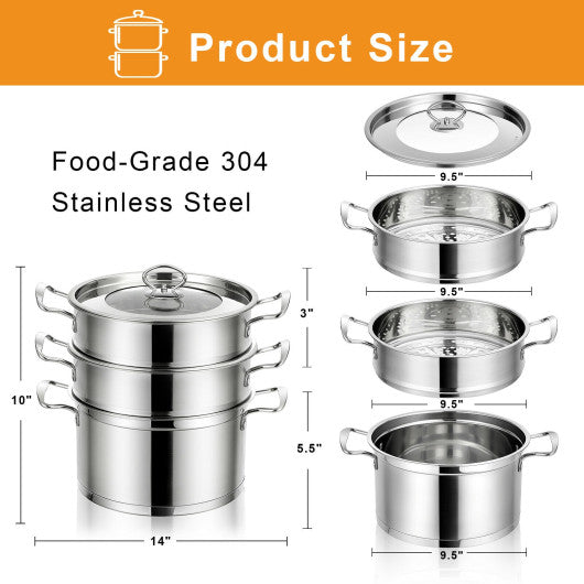 2/3 Tier Stainless Steel Steamer with Handles and Glass Lid-3-Tier