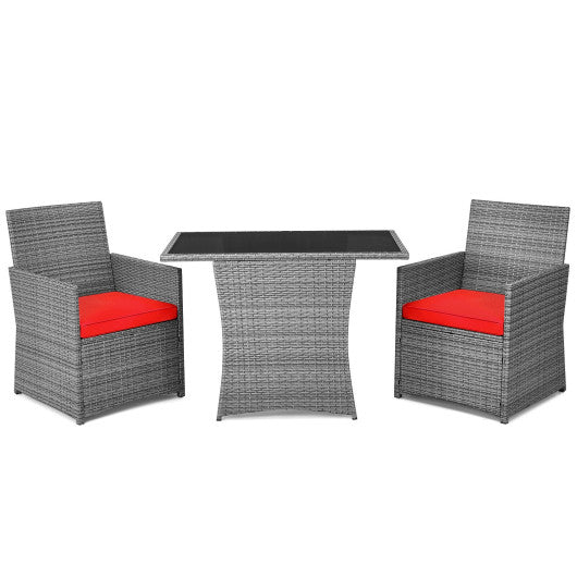 3 Pieces Patio Rattan Furniture Set with Cushioned Armrest Sofa-Red