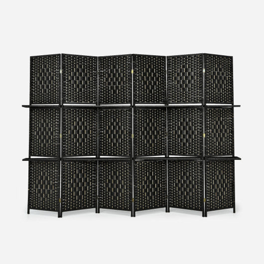 6 Panel Folding Weave Fiber Room Divider with 2 Display Shelves -Black
