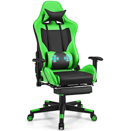 PU Leather Gaming Chair with USB Massage Lumbar Pillow and Footrest-Green
