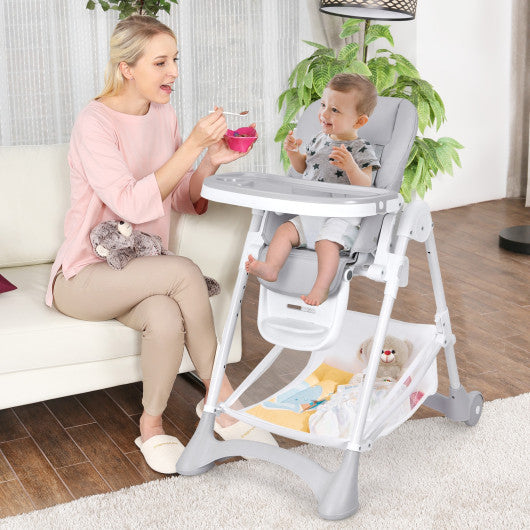 Baby Convertible Folding Adjustable High Chair with Wheel Tray Storage Basket-Gray