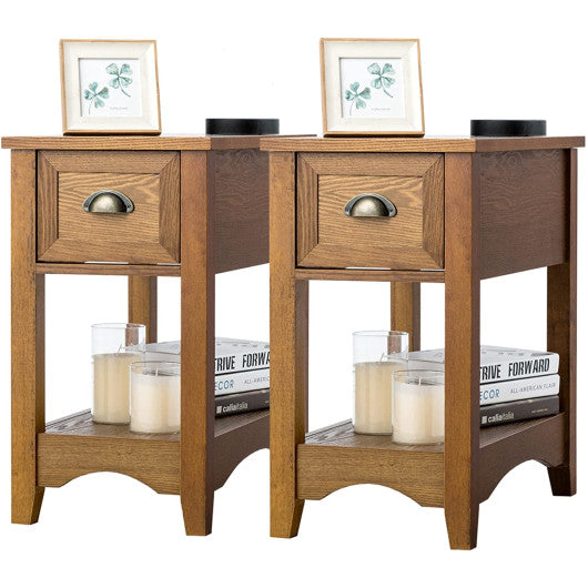 Set of 2 Contemporary Side End Table with Drawer -Natural