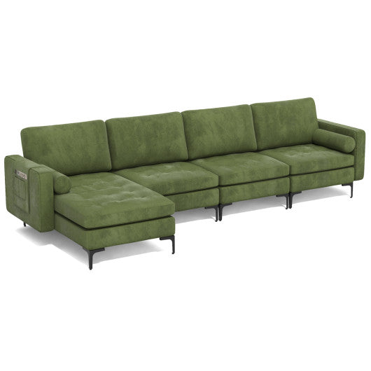 Modular L-shaped 4-Seat Sectional Sofa with Reversible Chaise and 2 USB Socket-Army Green