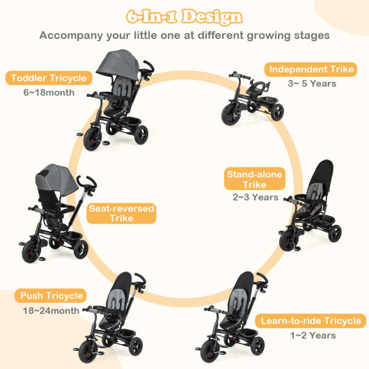 4-in-1 Baby Tricycle Toddler Trike with Reversible Seat and 5-Point Safety Harness-Gray