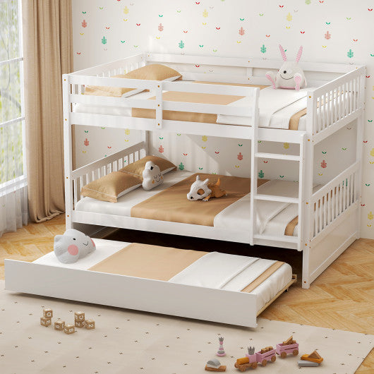 Full over Full Bunk Bed Platform Wood Bed with Ladder-White