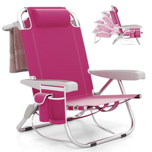 1 Piece Foldable Backpack Beach Chair with Cup Holder and Storage Pockets for Outdoor-Pink