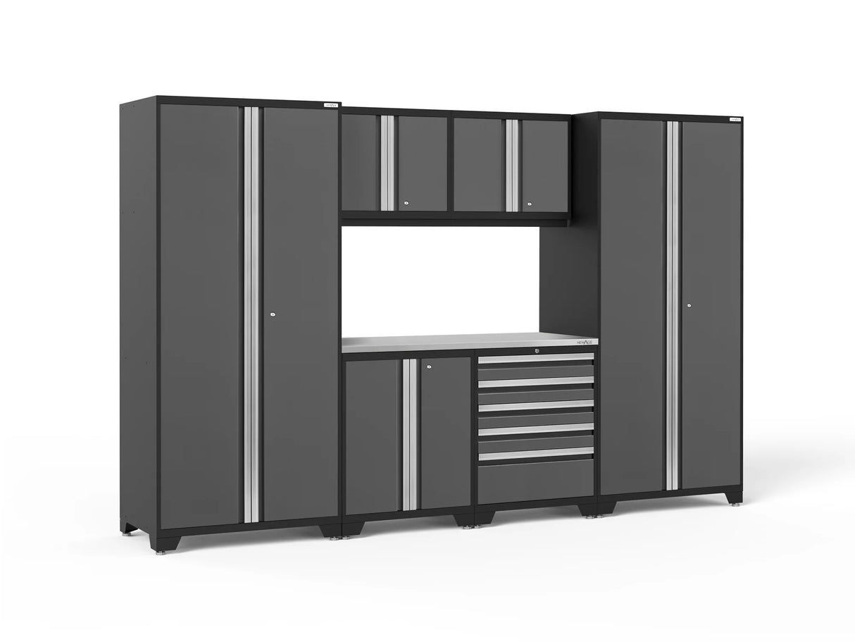 Pro Series 7 Piece Cabinet Set with Base, Wall, Tool Drawer Cabinet, Lockers and 56 In. Worktop