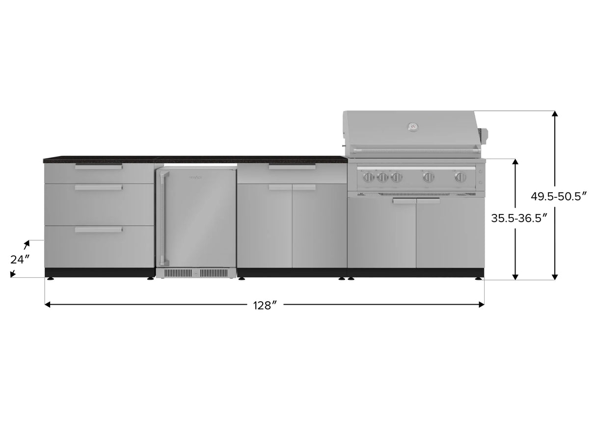Outdoor Kitchen Stainless Steel 7 Piece Cabinet Set with 3-Drawer, Bar, Grill Cabinet, Platinum Grill, Countertop, and Stainless Steel Door Fridge