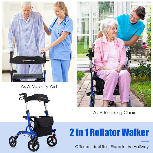 Folding Aluminum Rollator Walker with 8 inch Wheels and Seat-Blue