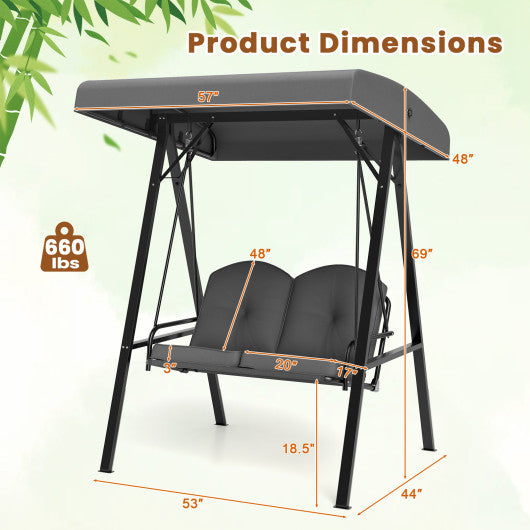 2-Person Outdoor Porch Swing with A-Shaped Metal Stand and Adjustable Canopy-Gray
