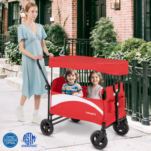 2-Seat Stroller Wagon with Adjustable Canopy and Handles-Red