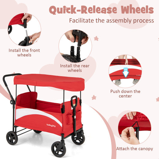 2-Seat Stroller Wagon with Adjustable Canopy and Handles-Red