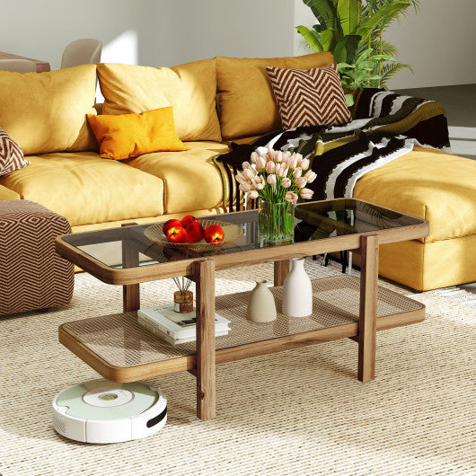 2-Tier Coffee Table with Storage and Tempered Glass Tabletop-Brown