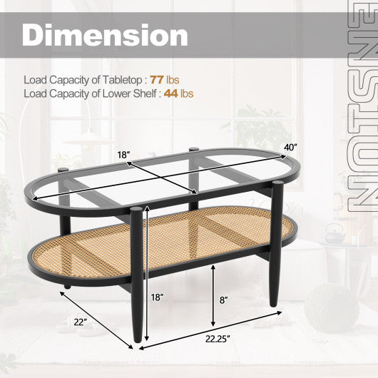 2-Tier Coffee Table with Tempered Glass Tabletop and Acacia Wood Frame-Black