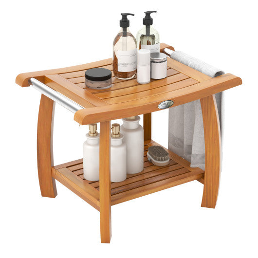 2-Tier Teak Wood Shower Bench Shower Stool with Curved Seat