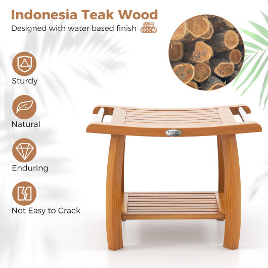 2-Tier Teak Wood Shower Bench Shower Stool with Curved Seat