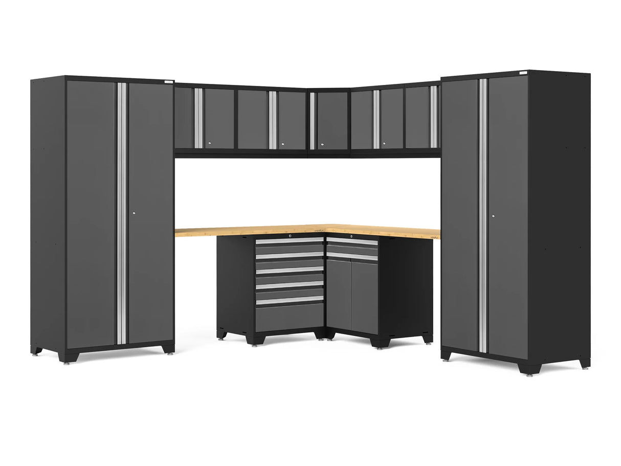 Pro Series Gray 12 Piece Cabinet Set with Wall, Tool Drawer, Multi-Function Cabinet, Lockers and 112 In. Worktop