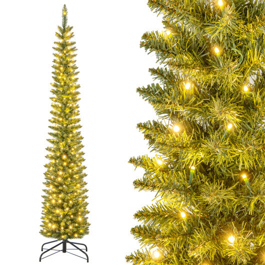 5/6/7/8/9 Feet Pre-lit Pencil Artificial Christmas Tree with 150/180/200//300/400 Warm White LED Lights-7 ft