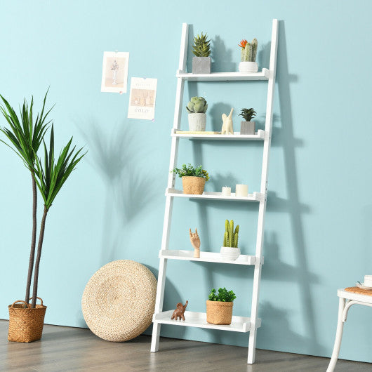 5-Tier Wall-leaning Ladder Shelf Display Rack for Plants and Books-White