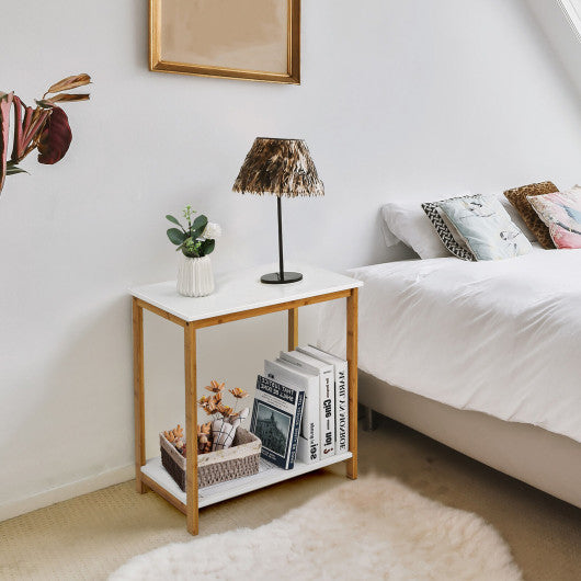 23 Inch Height 2-tier End Table with Bamboo Frame and Bottom Shelf-White