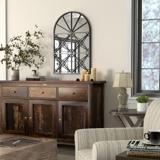 23 Inches x 34 Inches Arched Window Pane Mirror with Metal Frame for Living Room-Black
