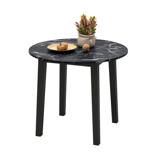 35 Inch Round Dining Table with Rubber Wood Legs and Marble-textured Veneer Tabletop-Black