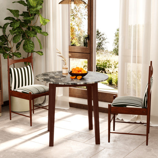 35 Inch Round Dining Table with Rubber Wood Legs and Marble-textured Veneer Tabletop-Brown