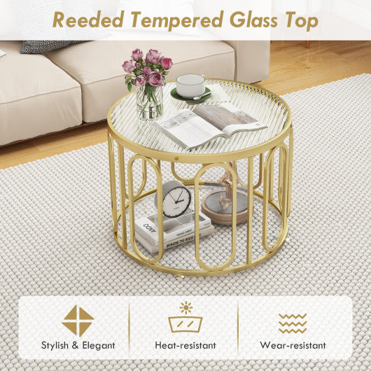 24 Inch Round Coffee Table with Reeded Tempered Glass Top and Oval Swivel Brackets-Golden
