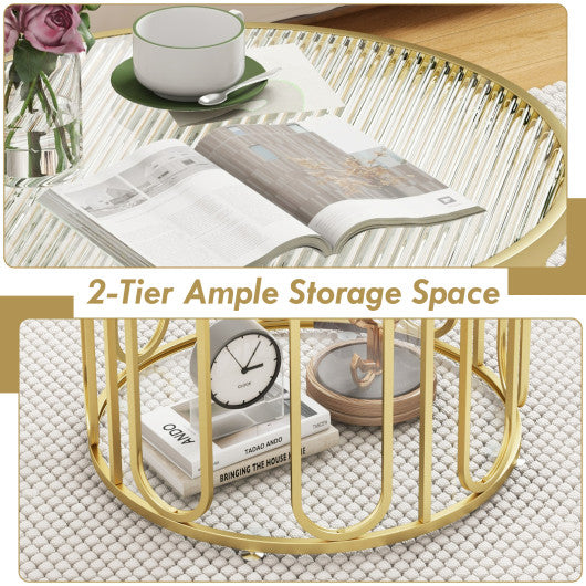 24 Inch Round Coffee Table with Reeded Tempered Glass Top and Oval Swivel Brackets-Golden