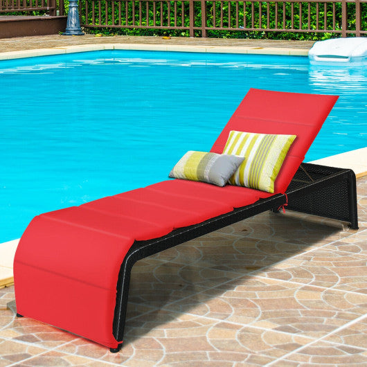 Patio Rattan Lounge Chair Back Adjustable Chaise Recliner with Cushioned-Red