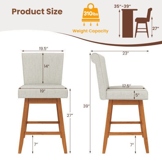 27 Inch Counter Height Bar Chairs with Rubber Wood Legs Set of 2-Beige