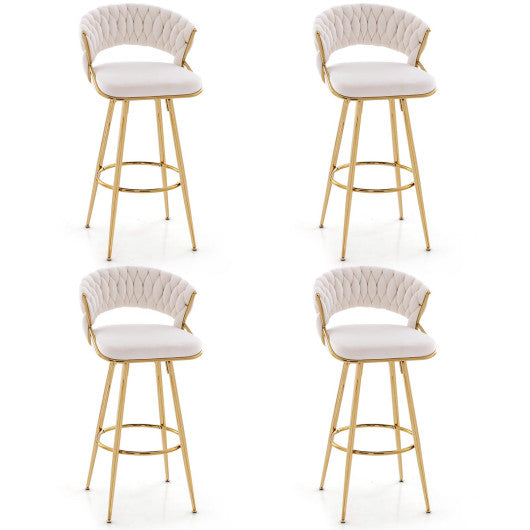 29 Inch Velvet Bar Stool Set of 2 with Woven Backrest and Gold Metal Legs-Beige