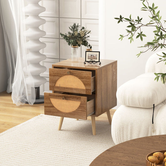 Set of 2 Rattan Nightstand with 2 Drawers and Solid Wood Legs-Natual