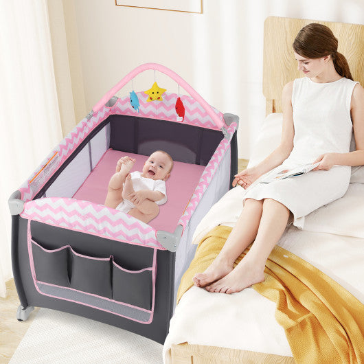 3-in-1 Portable Baby Playard with Zippered Door and Toy Bar-Pink