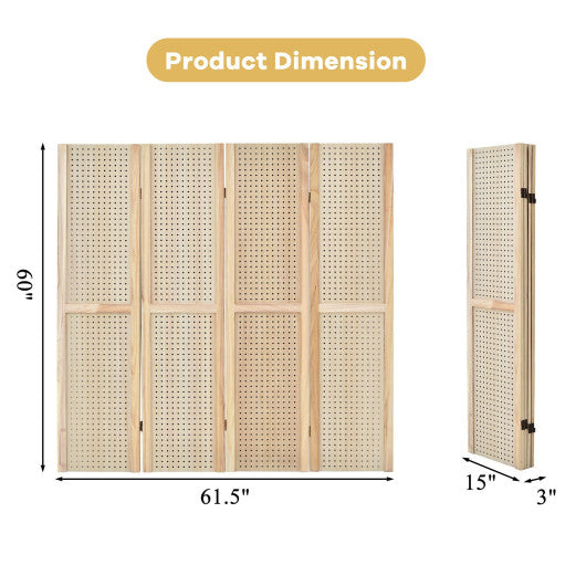4-Panel Pegboard Display 5 Feet Tall Folding Privacy Screen for Craft Display Organized-Natural