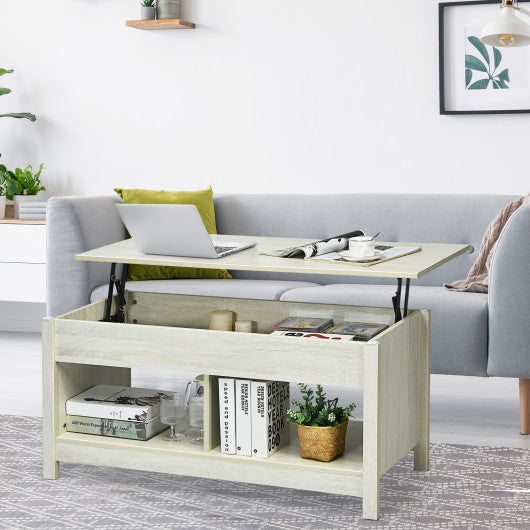 Lift Top Coffee Table with Hidden Storage Compartment and Lower Shelf for Study Room-White