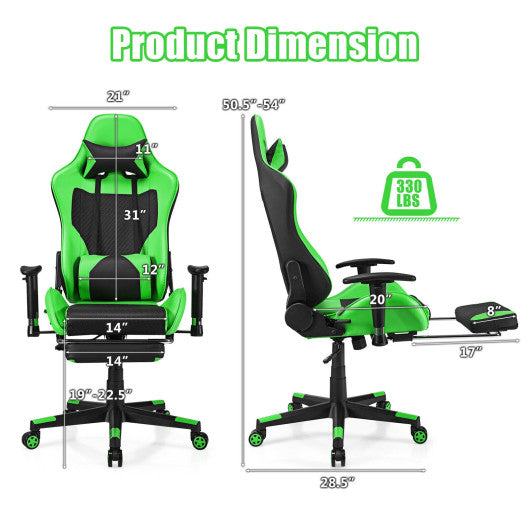 PU Leather Gaming Chair with USB Massage Lumbar Pillow and Footrest-Green