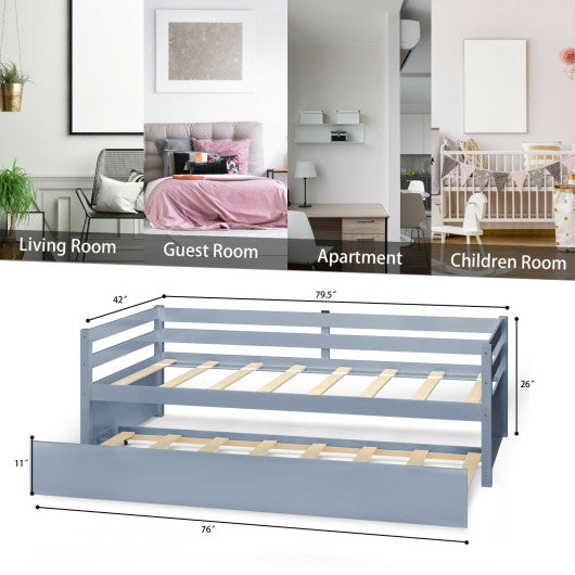 Twin Size Trundle Platform Bed Frame with Wooden Slat Support-Gray