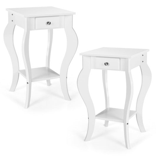 2-Tier End Table with Drawer and Shelf for Living Room Bedroom-White