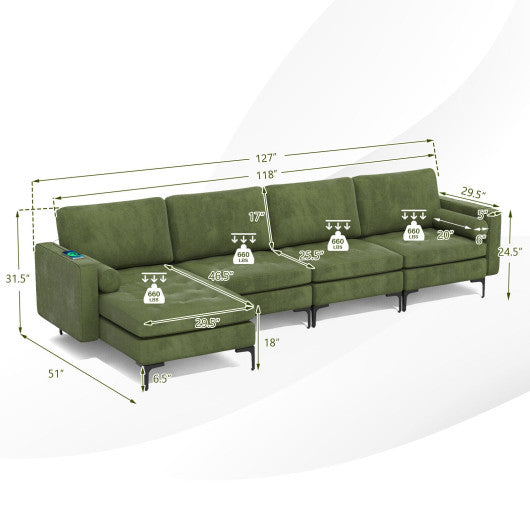 Modular L-shaped 4-Seat Sectional Sofa with Reversible Chaise and 2 USB Socket-Army Green