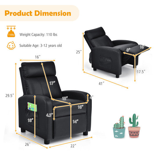 Ergonomic PU Leather Kids Recliner Lounge Sofa for 3-12 Age Group-Black