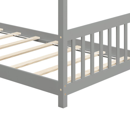 Twin Size Wooden House Bed with Roof-Gray