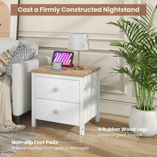 2-Drawer Nightstand with Rubber Wood Legs-White
