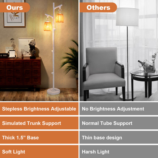 2 Light Tree Trunk Lamps with Wicker Shade-White