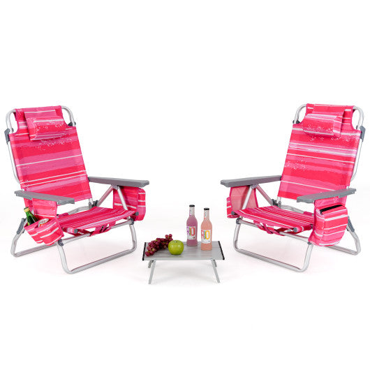 2 Packs 5-Position Outdoor Folding Backpack Beach Table Chair Reclining Chair Set-Hot Pink